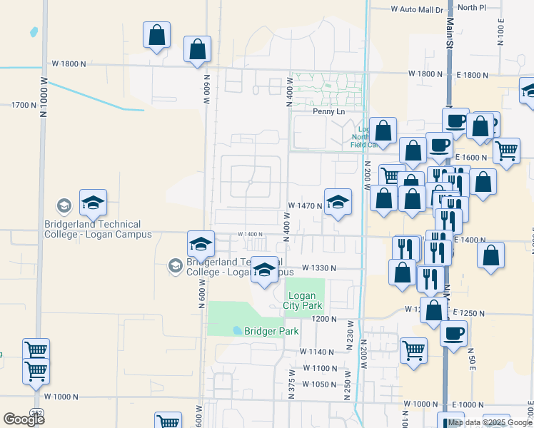 map of restaurants, bars, coffee shops, grocery stores, and more near 1433 North 400 West in Logan