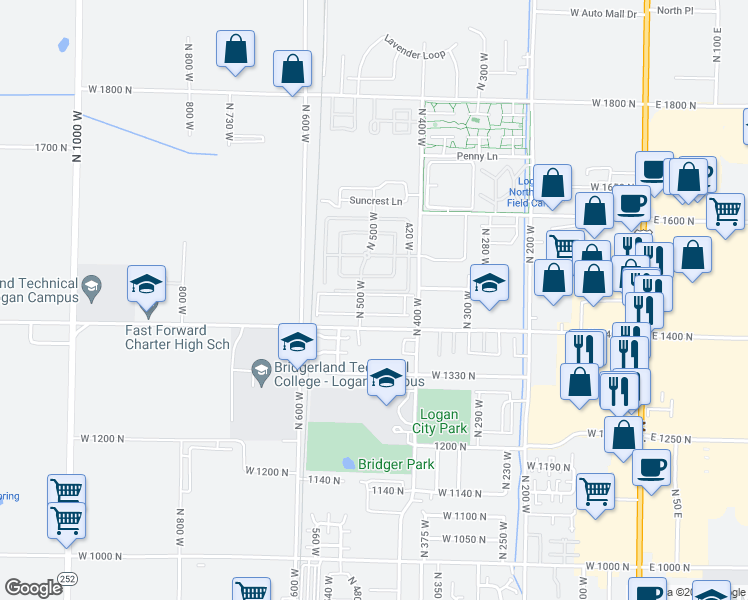 map of restaurants, bars, coffee shops, grocery stores, and more near 476 1460 North in Logan