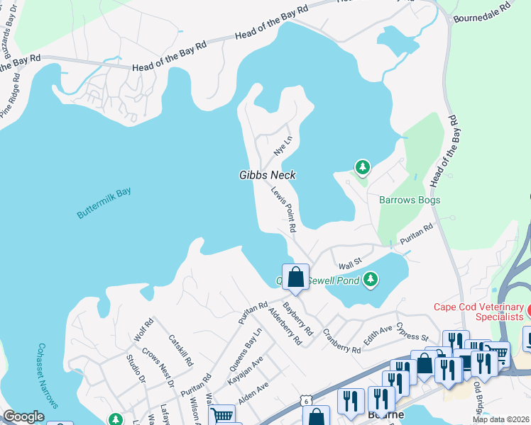 map of restaurants, bars, coffee shops, grocery stores, and more near 27 Lewis Point Road in Bourne