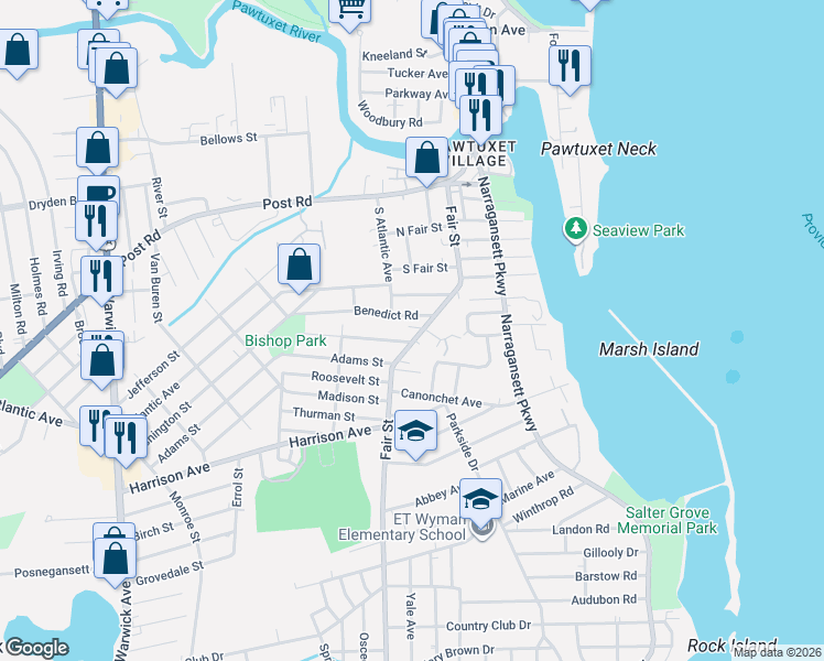 map of restaurants, bars, coffee shops, grocery stores, and more near 178 Fair Street in Warwick