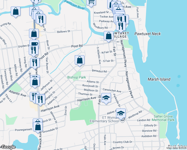 map of restaurants, bars, coffee shops, grocery stores, and more near 68 Rosegarden Street in Warwick