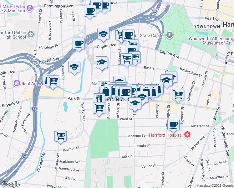 map of restaurants, bars, coffee shops, grocery stores, and more near in Hartford