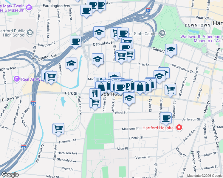 map of restaurants, bars, coffee shops, grocery stores, and more near in Hartford