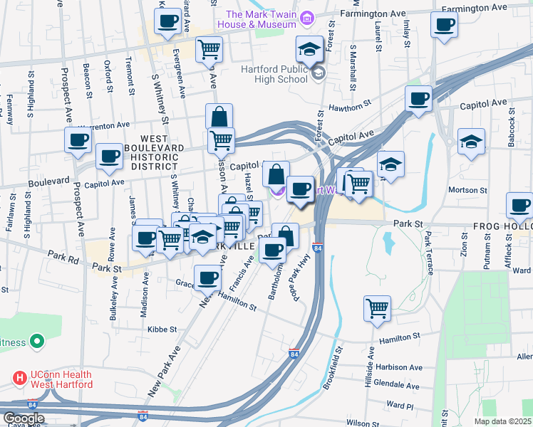 map of restaurants, bars, coffee shops, grocery stores, and more near 22 Orange Street in Hartford