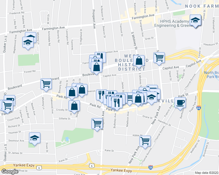 map of restaurants, bars, coffee shops, grocery stores, and more near 24 Beacon Street in Hartford