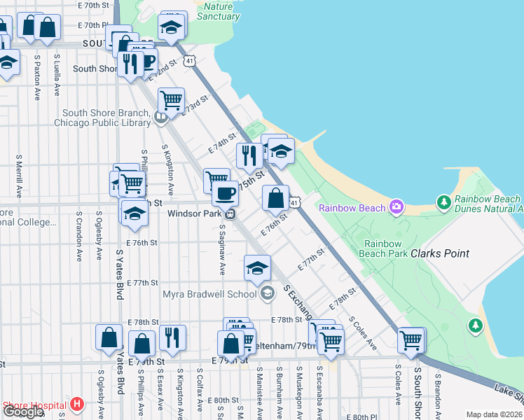 map of restaurants, bars, coffee shops, grocery stores, and more near 2725 East 75th Place in Chicago