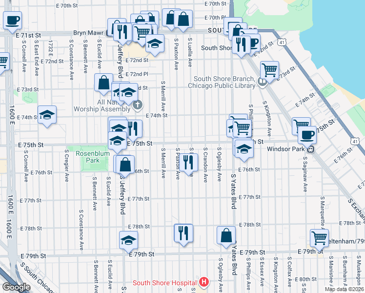 map of restaurants, bars, coffee shops, grocery stores, and more near 7514 South Paxton Avenue in Chicago