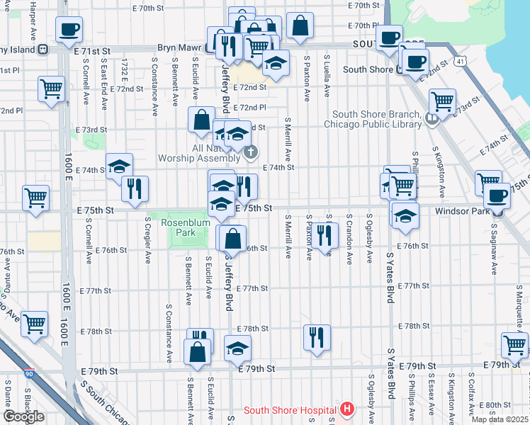 map of restaurants, bars, coffee shops, grocery stores, and more near 2041 East 75th Street in Chicago