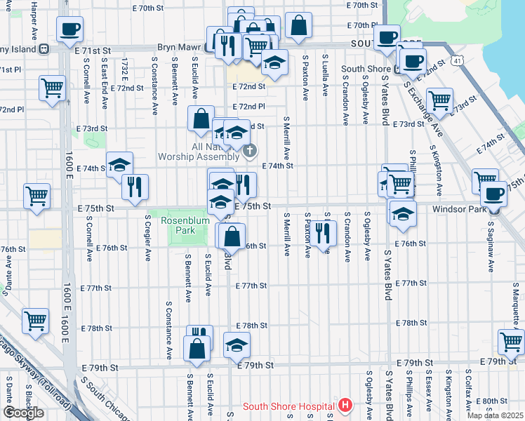 map of restaurants, bars, coffee shops, grocery stores, and more near 2041 East 75th Street in Chicago