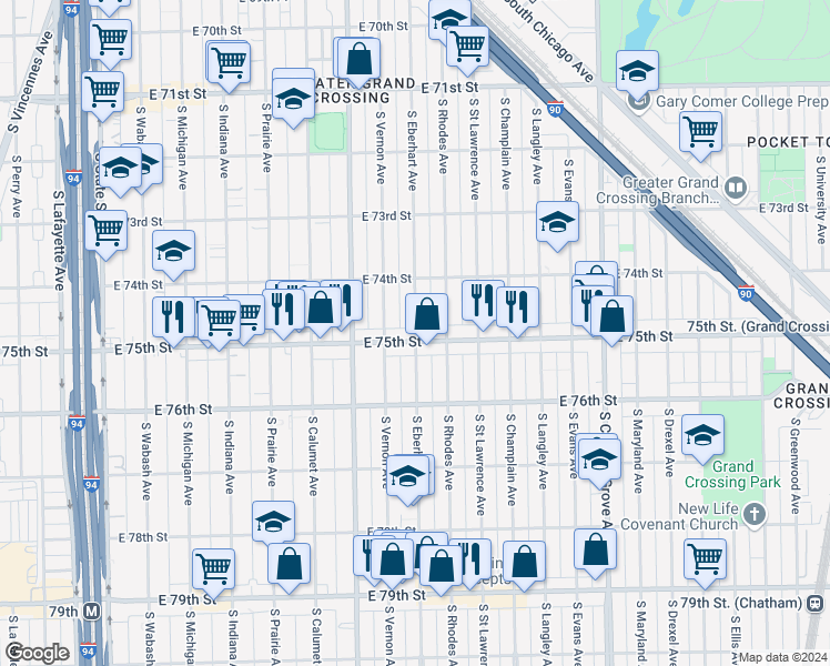 map of restaurants, bars, coffee shops, grocery stores, and more near 514 East 75th Street in Chicago