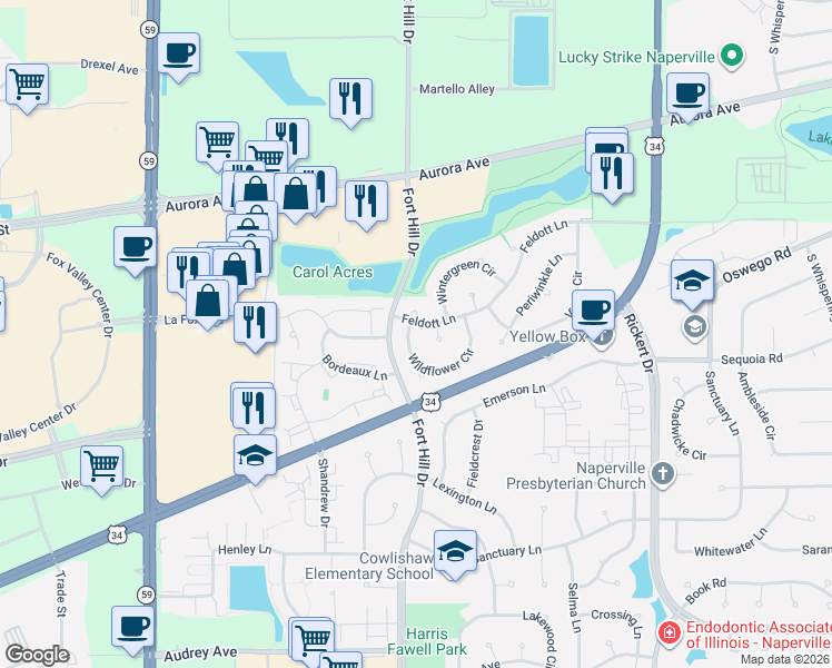 map of restaurants, bars, coffee shops, grocery stores, and more near 784 Wildflower Circle in Naperville