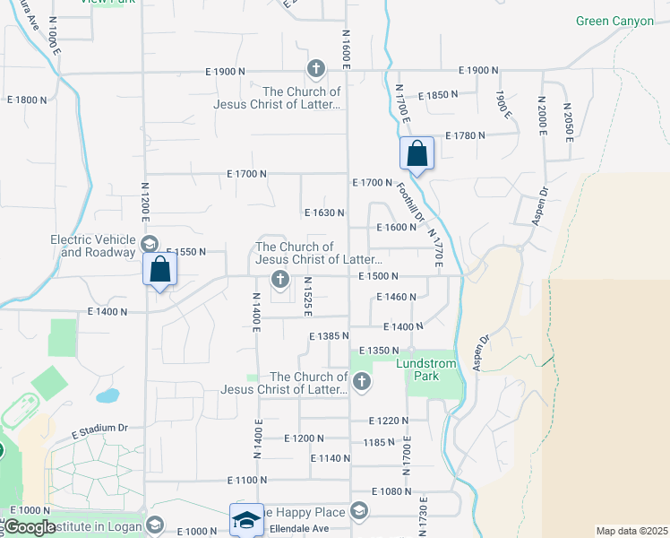 map of restaurants, bars, coffee shops, grocery stores, and more near 1583 East 1500 North in Logan