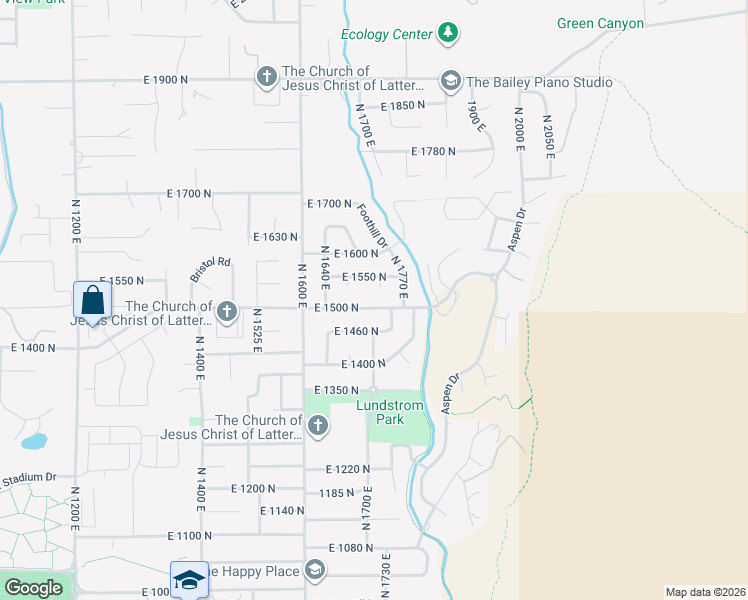 map of restaurants, bars, coffee shops, grocery stores, and more near 1727 East 1500 North in Logan