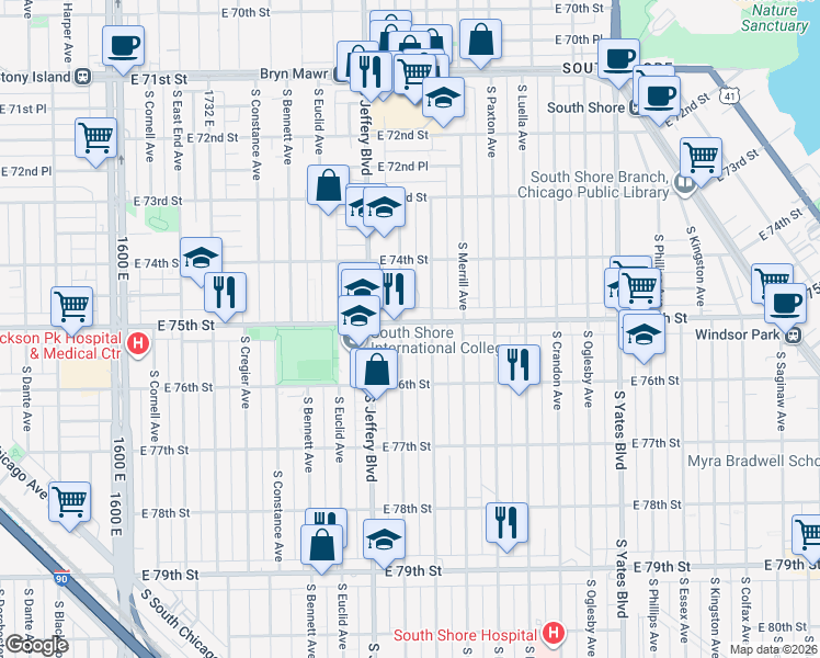 map of restaurants, bars, coffee shops, grocery stores, and more near 2041 East 75th Street in Chicago