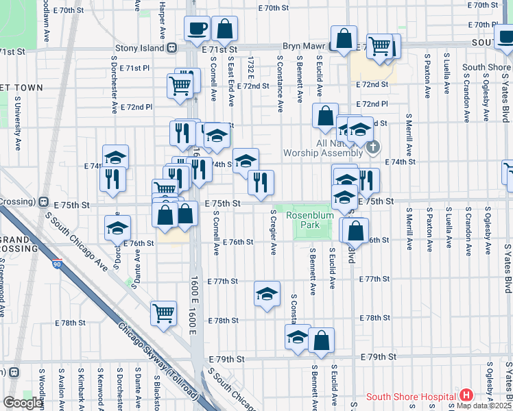 map of restaurants, bars, coffee shops, grocery stores, and more near 1735 East 75th Street in Chicago