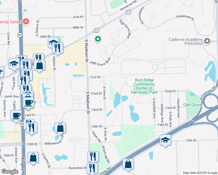 map of restaurants, bars, coffee shops, grocery stores, and more near 8S047 South Vine Street in Burr Ridge