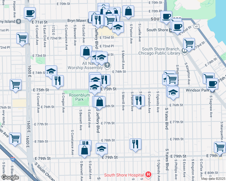 map of restaurants, bars, coffee shops, grocery stores, and more near 2041 East 75th Street in Chicago