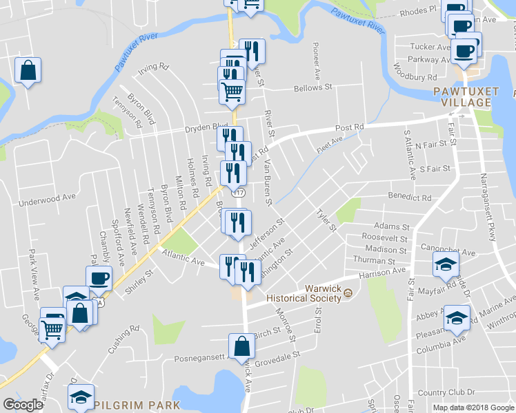 map of restaurants, bars, coffee shops, grocery stores, and more near 148 Aborn Avenue in Warwick