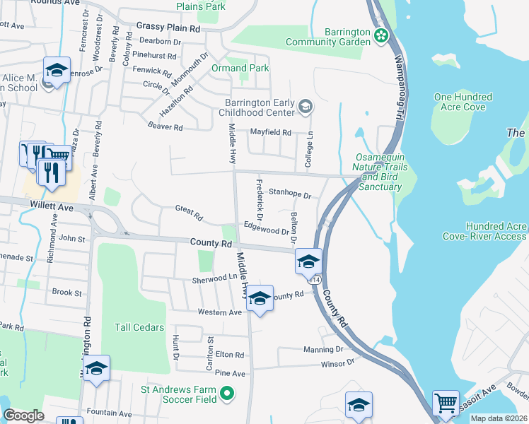 map of restaurants, bars, coffee shops, grocery stores, and more near 24 Frederick Drive in Barrington