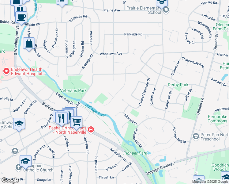 map of restaurants, bars, coffee shops, grocery stores, and more near 935 Watercress Drive in Naperville
