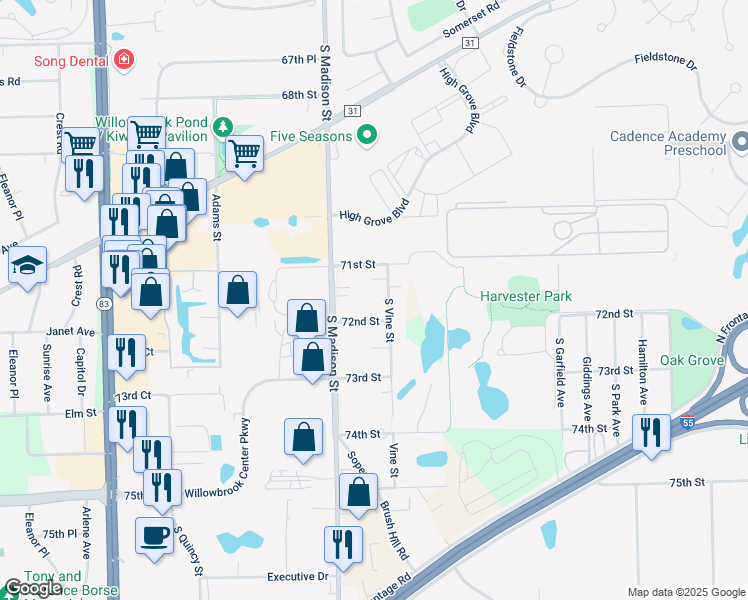 map of restaurants, bars, coffee shops, grocery stores, and more near 8S070 South Vine Street in Burr Ridge