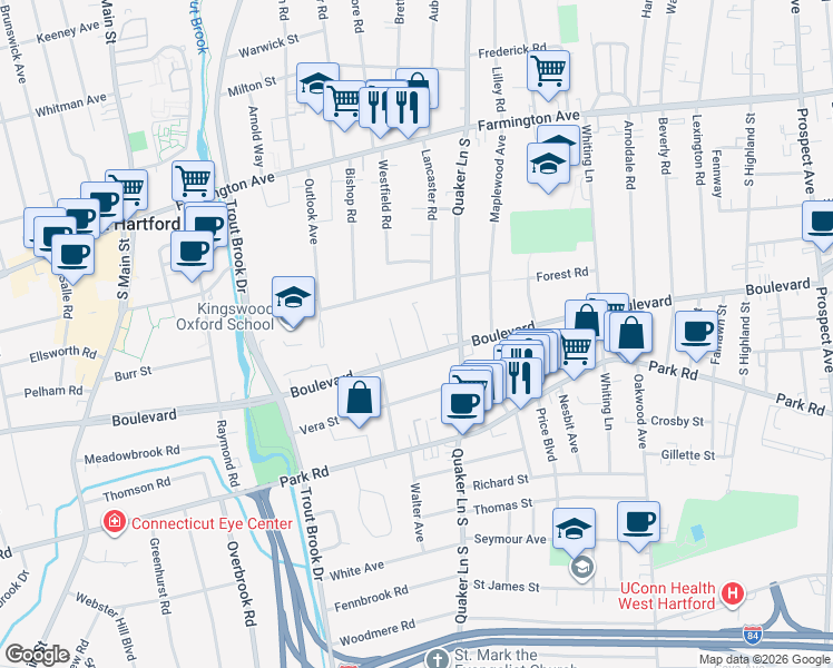 map of restaurants, bars, coffee shops, grocery stores, and more near 15 Vincent Street in West Hartford