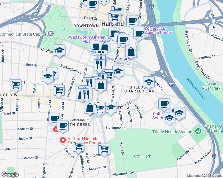 map of restaurants, bars, coffee shops, grocery stores, and more near 33 Charter Oak Place in Hartford
