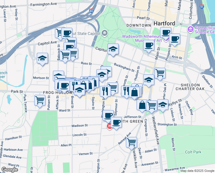 map of restaurants, bars, coffee shops, grocery stores, and more near 130 Washington Street in Hartford