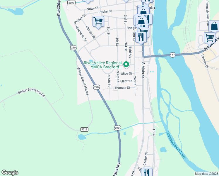 map of restaurants, bars, coffee shops, grocery stores, and more near 98 Thomas St in Towanda