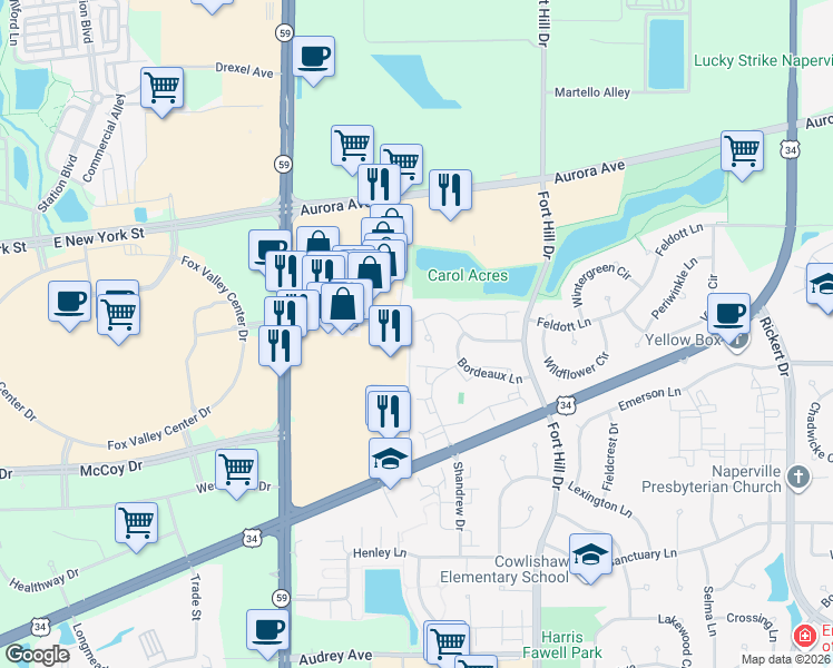map of restaurants, bars, coffee shops, grocery stores, and more near 721 Blossom Court in Naperville