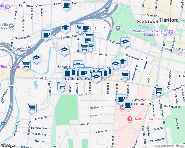 map of restaurants, bars, coffee shops, grocery stores, and more near 648 Park Street in Hartford