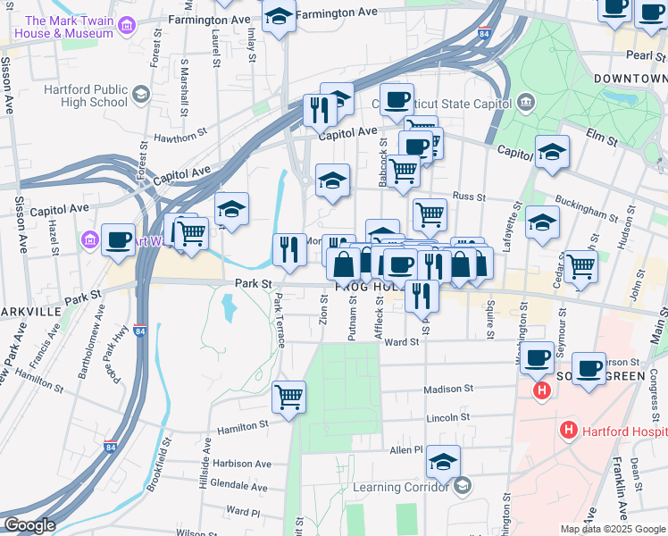 map of restaurants, bars, coffee shops, grocery stores, and more near in Hartford