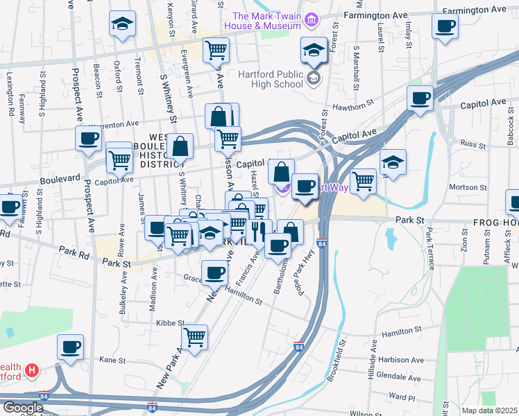 map of restaurants, bars, coffee shops, grocery stores, and more near 25 Hazel Street in Hartford