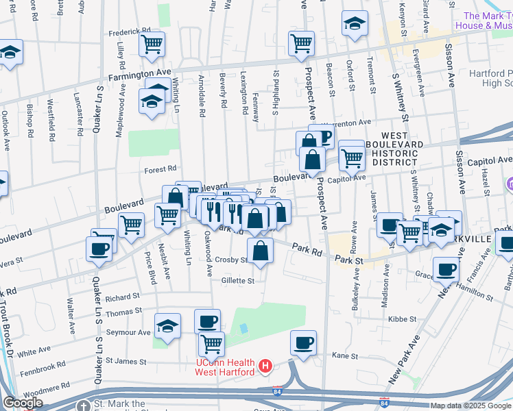 map of restaurants, bars, coffee shops, grocery stores, and more near 24 Troy Street in West Hartford