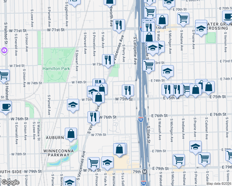 map of restaurants, bars, coffee shops, grocery stores, and more near 130 West 75th Street in Chicago