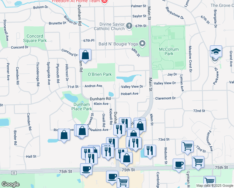 map of restaurants, bars, coffee shops, grocery stores, and more near 1191 Hobart Avenue in Downers Grove