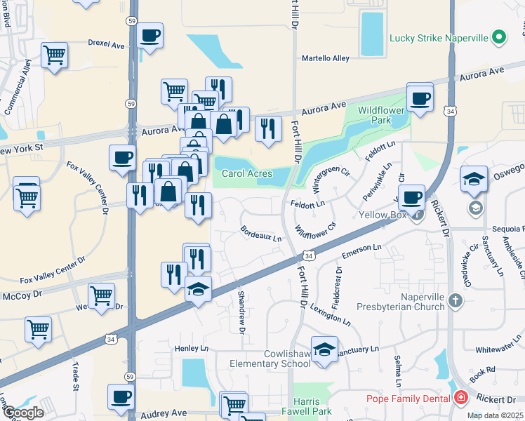 map of restaurants, bars, coffee shops, grocery stores, and more near 2548 Carrolwood Road in Naperville