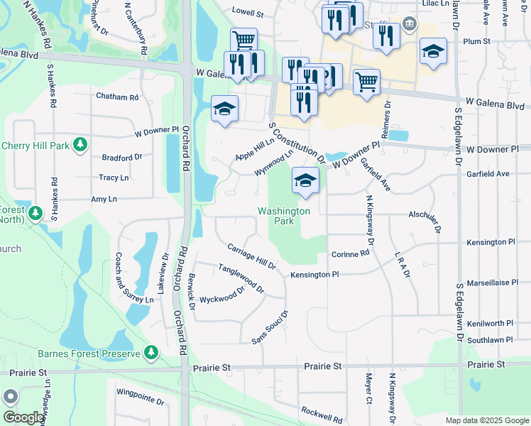 map of restaurants, bars, coffee shops, grocery stores, and more near 242 Heritage Drive in Aurora