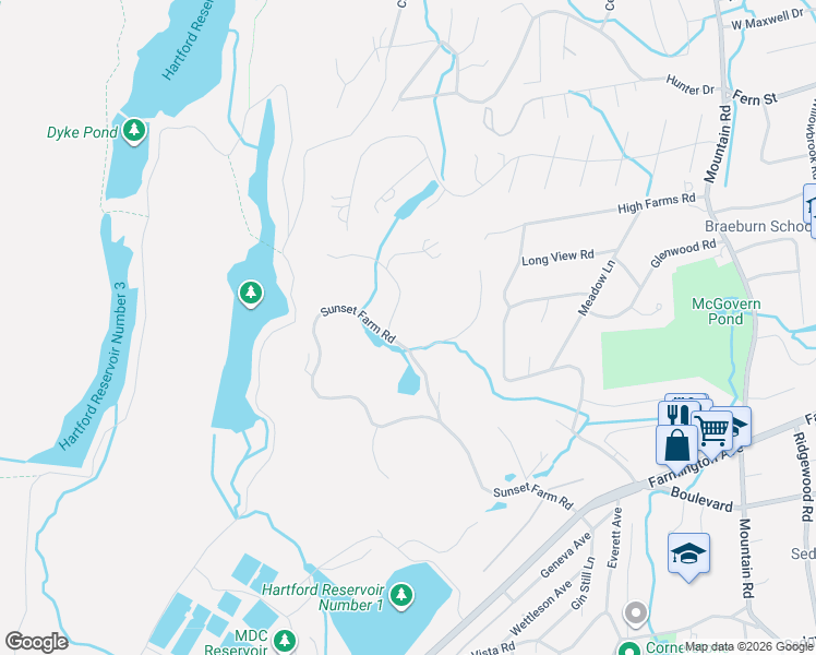 map of restaurants, bars, coffee shops, grocery stores, and more near 2 Greenridge Lane in West Hartford