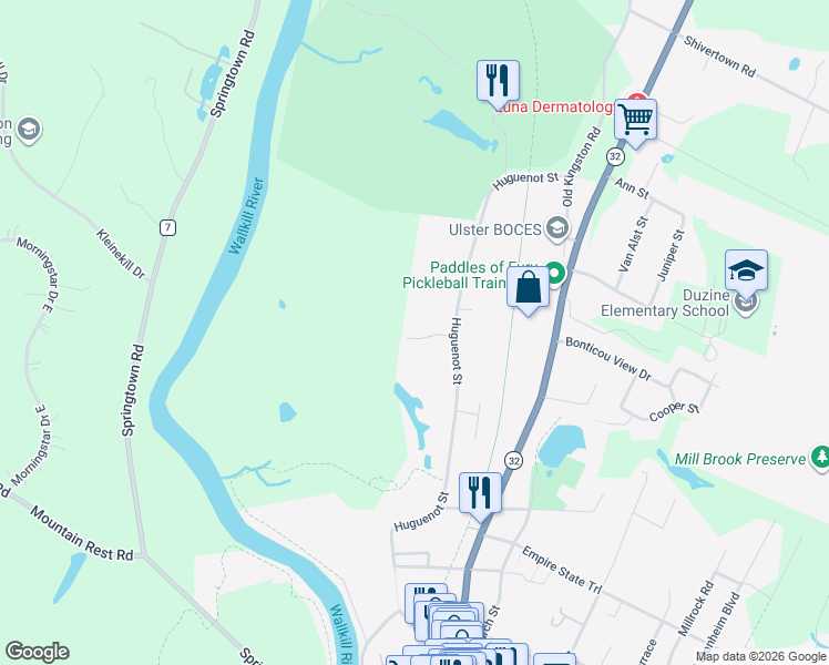 map of restaurants, bars, coffee shops, grocery stores, and more near 181 Huguenot Street in New Paltz