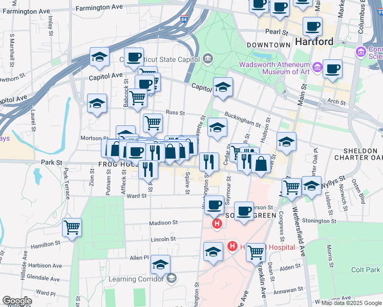 map of restaurants, bars, coffee shops, grocery stores, and more near 545 Park Street in Hartford