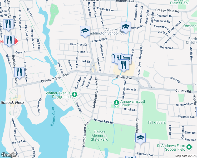 map of restaurants, bars, coffee shops, grocery stores, and more near 24 Franklin Street in East Providence