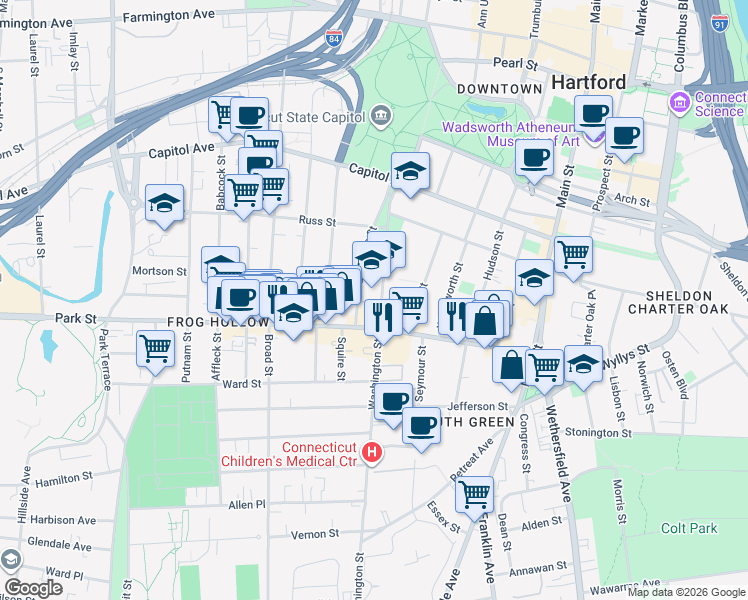 map of restaurants, bars, coffee shops, grocery stores, and more near 131 Washington Street in Hartford
