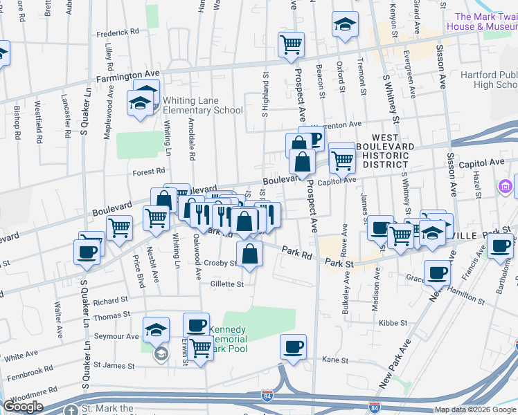 map of restaurants, bars, coffee shops, grocery stores, and more near 189 South Highland Street in West Hartford
