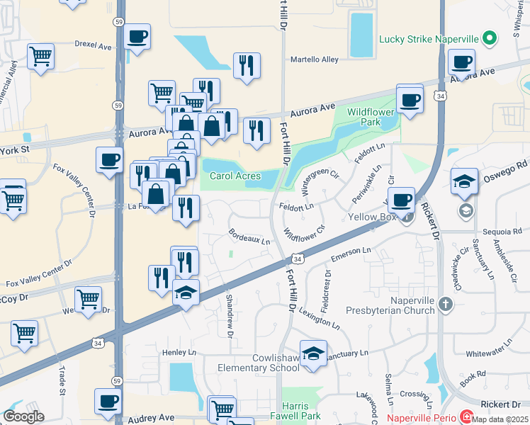 map of restaurants, bars, coffee shops, grocery stores, and more near 2505 Arcadia Circle in Naperville