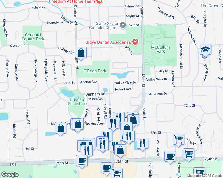 map of restaurants, bars, coffee shops, grocery stores, and more near 1191 Hobart Avenue in Downers Grove