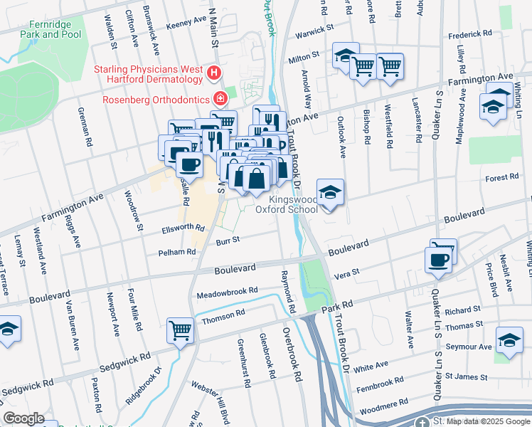 map of restaurants, bars, coffee shops, grocery stores, and more near 103 Raymond Road in West Hartford