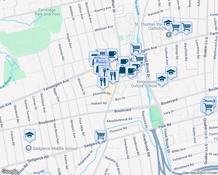 map of restaurants, bars, coffee shops, grocery stores, and more near 102 LaSalle Road in West Hartford