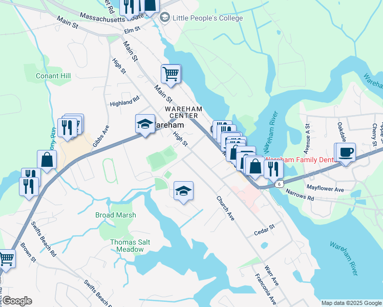 map of restaurants, bars, coffee shops, grocery stores, and more near 118 High Street in Wareham