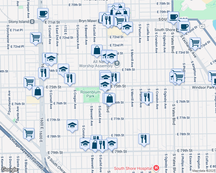 map of restaurants, bars, coffee shops, grocery stores, and more near E 75th St & S Jeffery Blvd in Chicago